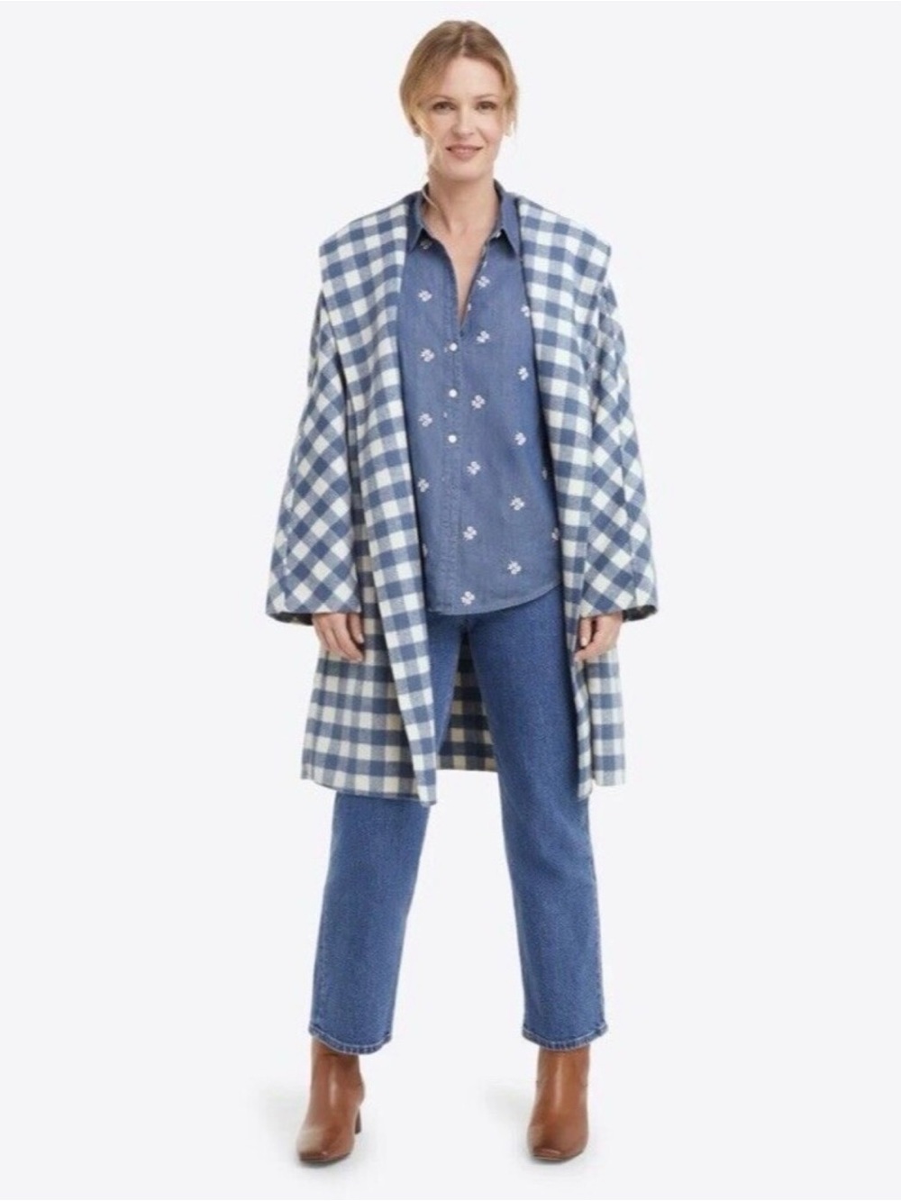 Draper James Shawl Collar Belted‎ Coat Blue Gingham Wool Blend Size Small